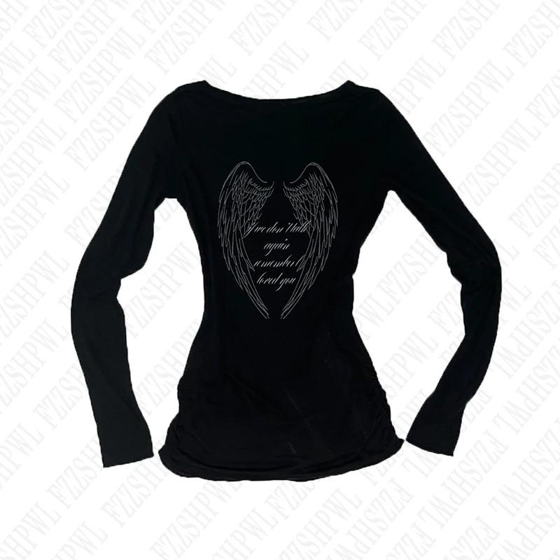Tricou cu mânecă lungă Gothic Harajuku Vintage Punk Emo pentru fete, sexy, slim, șic, cu imprimeu, crop topuri, estetică grunge Y2K, streetwear pentru femei