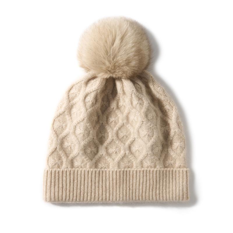Cashmere New Autumn and Winter Women's Twisted Flower Warm Butterfly Flower Pom Pom Ear Protective Hat Knitted Casual Hat