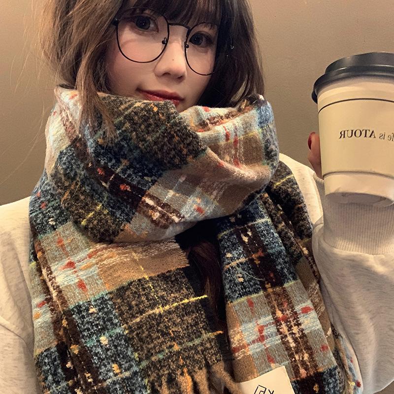 Korean retro plaid scarf women's autumn and winter atmosphere imitation cashmere student warm versatile shawl scarf