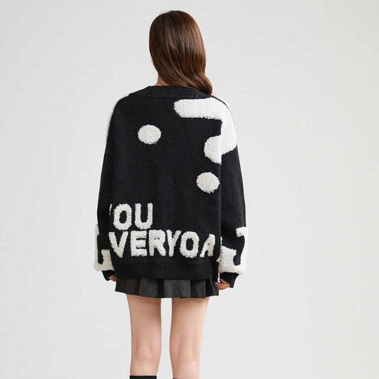 Dimanaf 2025 Autumn New Jacket Women Letter Print Sweaters Coat Patchwork Wadded Coat Cardigan Knitting Pockets Fake Two-Piece Sweater