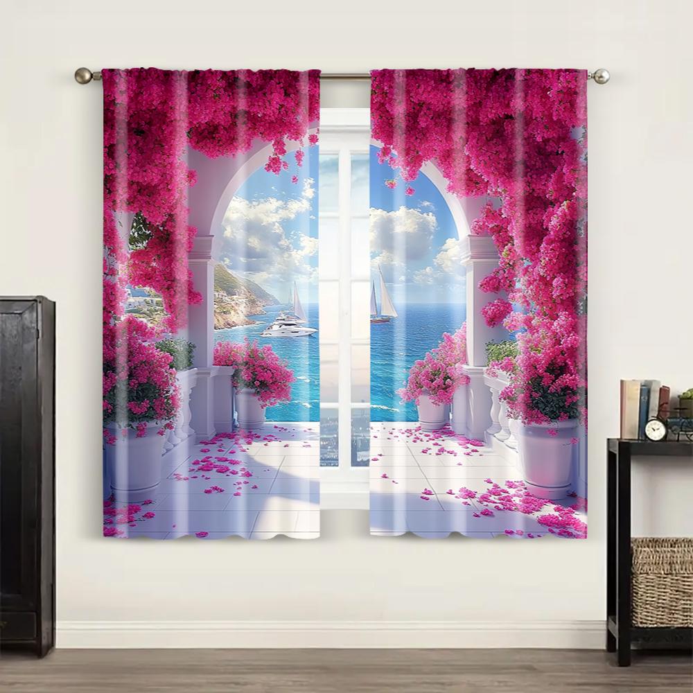 2pc,  Curtain depicts a waterfront arch surrounded by flowers Versatile Polyester,Without Electricity Birthday Party Suitable