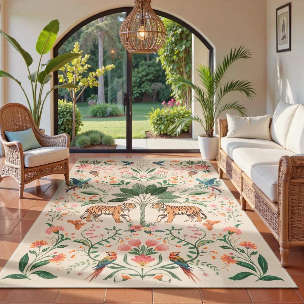 Modern Living Room Washable Jungle Tropical Tiger Beige Rug Bedroom Bohemian Style Animal Plant Carpet Retro Home Decoration Rug