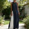 Damen Langes Fließendes Tanktop Seitenschlitz Rundhalsausschnitt Ärmellos Maxikleid Sommerlich Lässig Strand Sonnenkleid mit Taschen