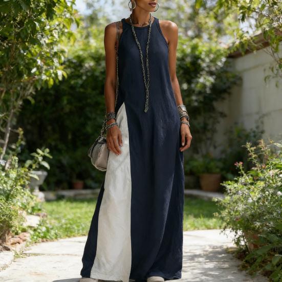 Damen Langes Fließendes Tanktop Seitenschlitz Rundhalsausschnitt Ärmellos Maxikleid Sommerlich Lässig Strand Sonnenkleid mit Taschen