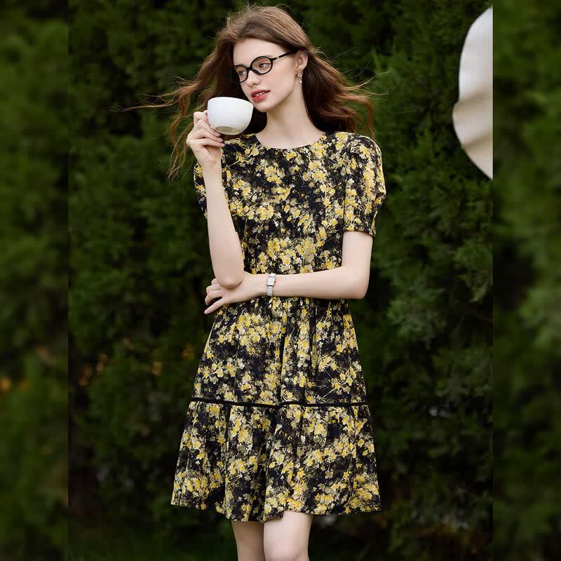 Women s Casual Floral Print Round Neck Midi Dress M