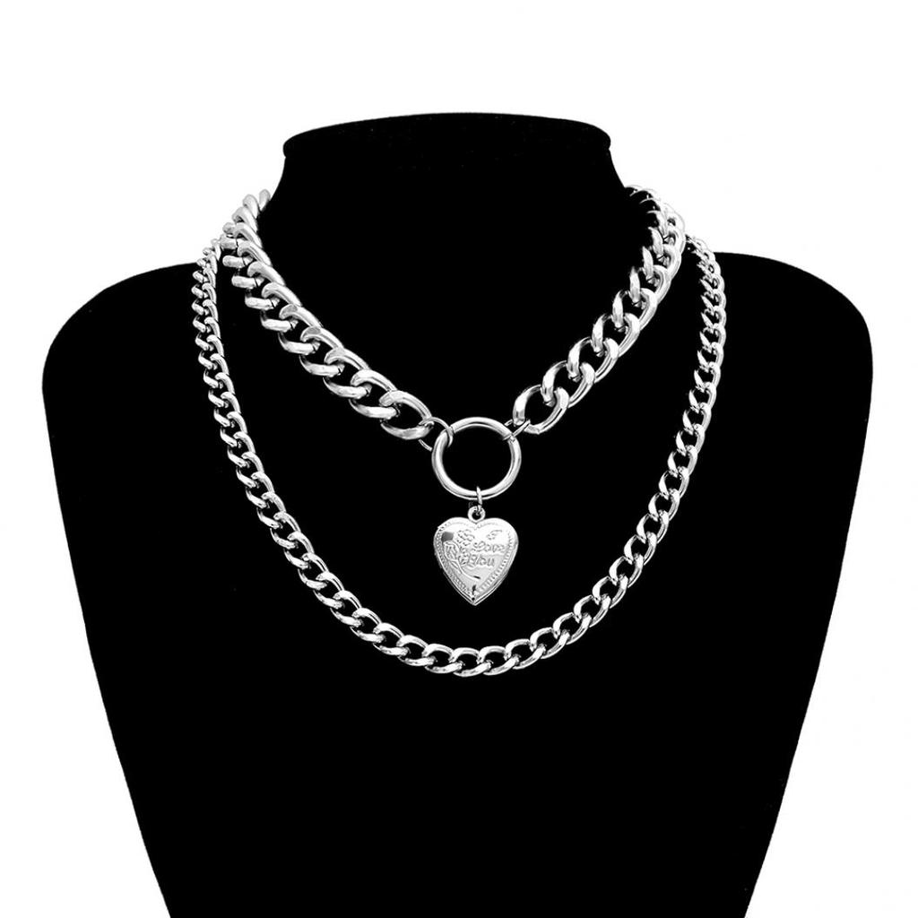 Punk Double Layer Love Herz Anhänger Dicke Panzerkette Choker Halskette Schmuck