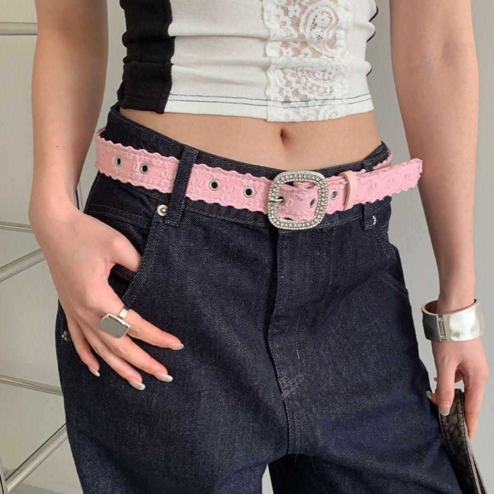 Y2K Lace Belt PU Leather Women Waistband Trend Rhinestone Belt Jeans Accessories
