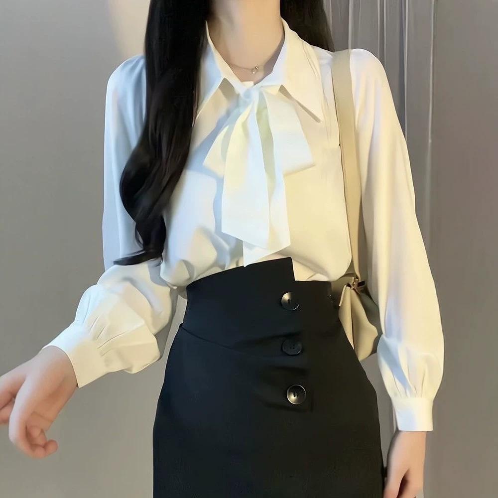 French bow long-sleeved shirt commuter shirt white spring and autumn professional white collar lace-up bow streamer top
