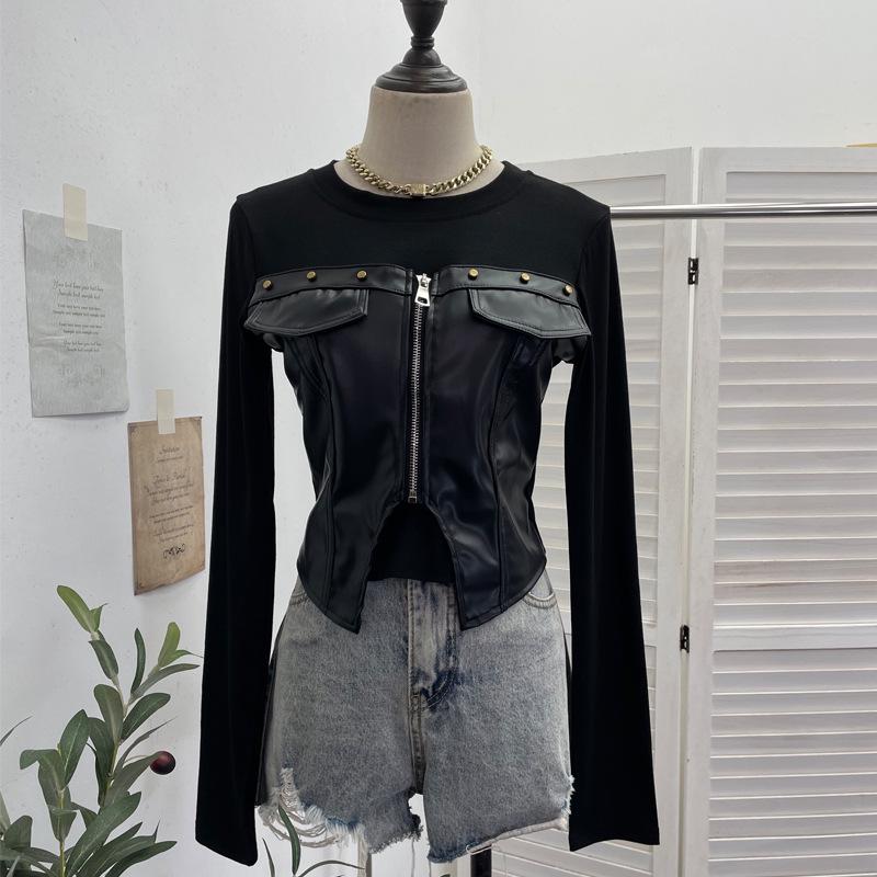 

Faux Two-Piece PU Leather Zipper Pullover Long Sleeve Slim Top 89901 One Size чёрный