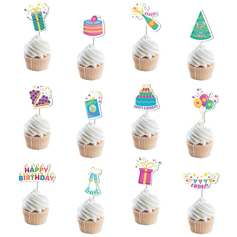 Cake Birthday Happy Toppers With Paper Flags For Party Decoration Set Of 12