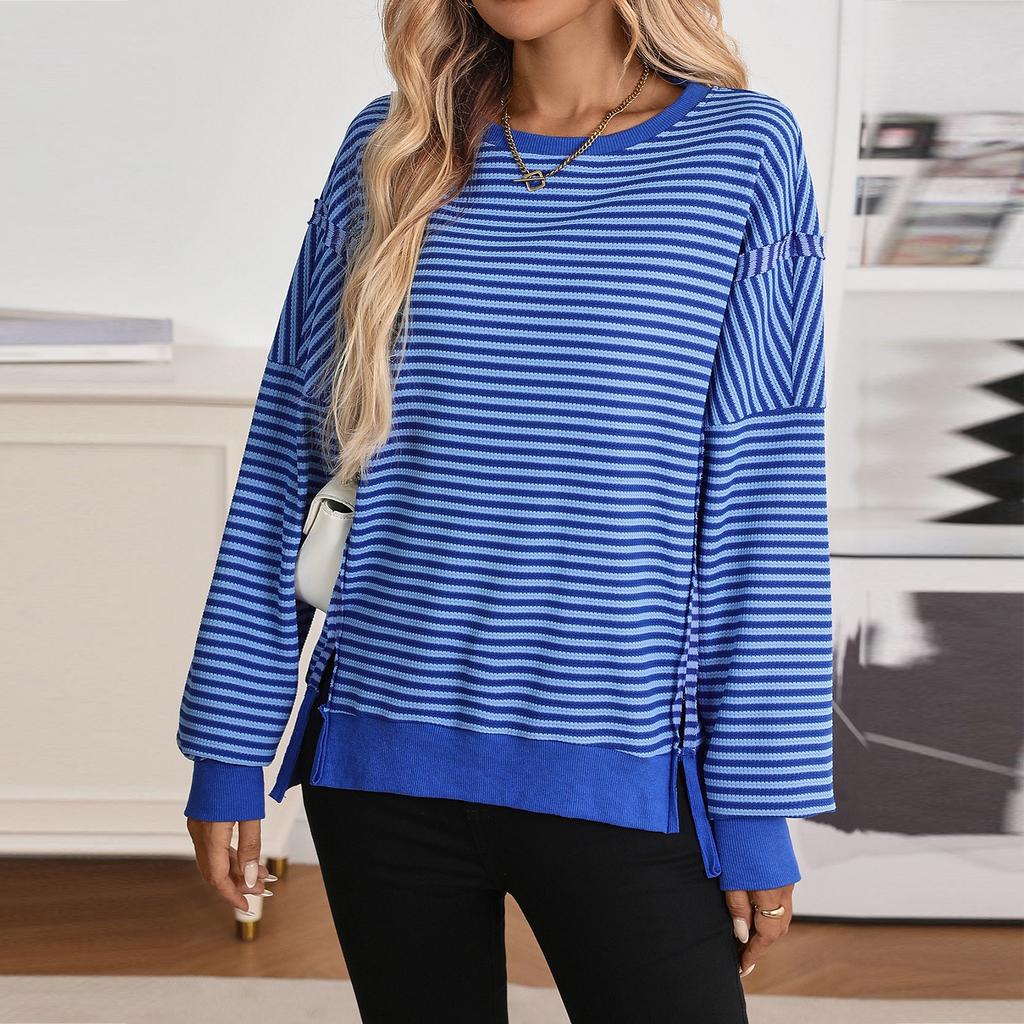 Women's Long-sleeved Round-neck Striped Round-neck Versatile Casual Loose Sweatshirt