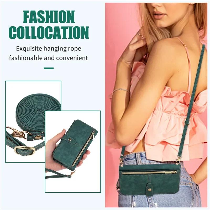 Long Lanyard Flip Leather Phone Case for iPhone 17 Air 16E 16 Pro Max 15 Plus 14 13 12 11 XS XR X Zipper Wallet Multi Card Cover
