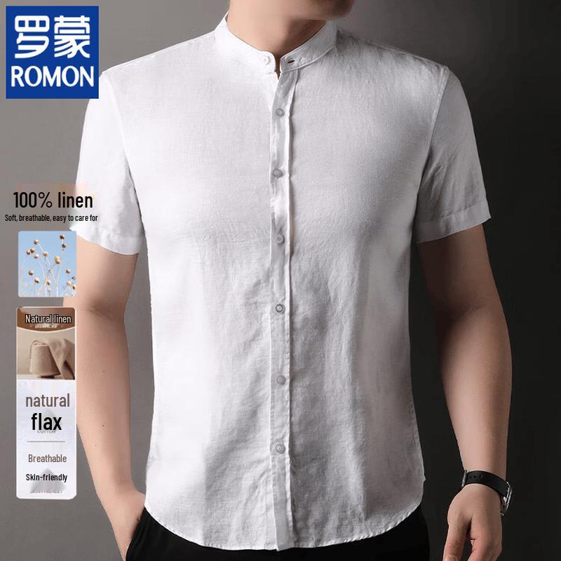 

ROMON Men s Linen Short Sleeve Chinese Style Stand Collar Shirt L