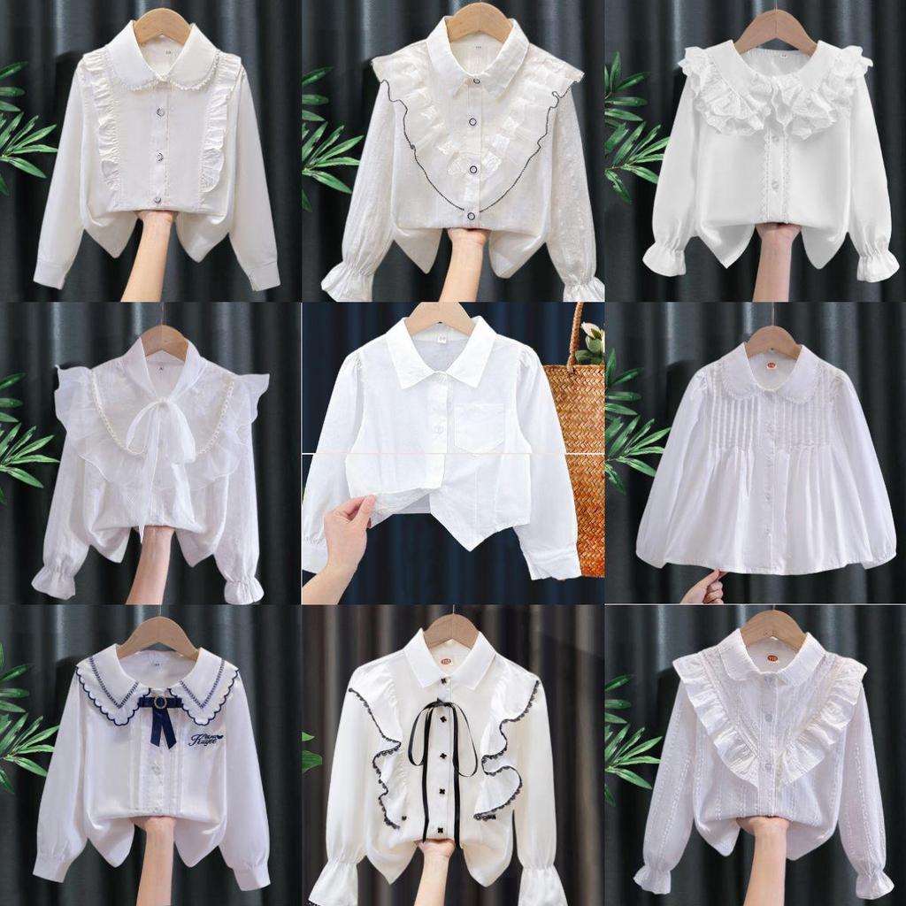 Girls' White Long Sleeve Lace Shirt - Spring/Autumn Class Uniform, Performance Costume.