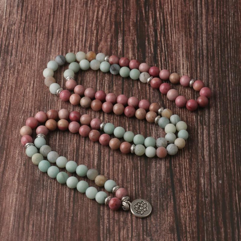 Matte Rhodonite & Amazonite Mala Beads Necklace – Lotus Charm Boho Jewelry, Calm Balance Gift for Women