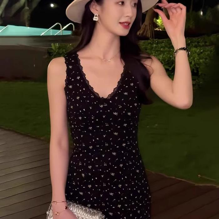 Summer New Fashion Black Neck V-Neck Polka Dot Vest Dress Women s Waist Skinny Hip Wrap Dress S