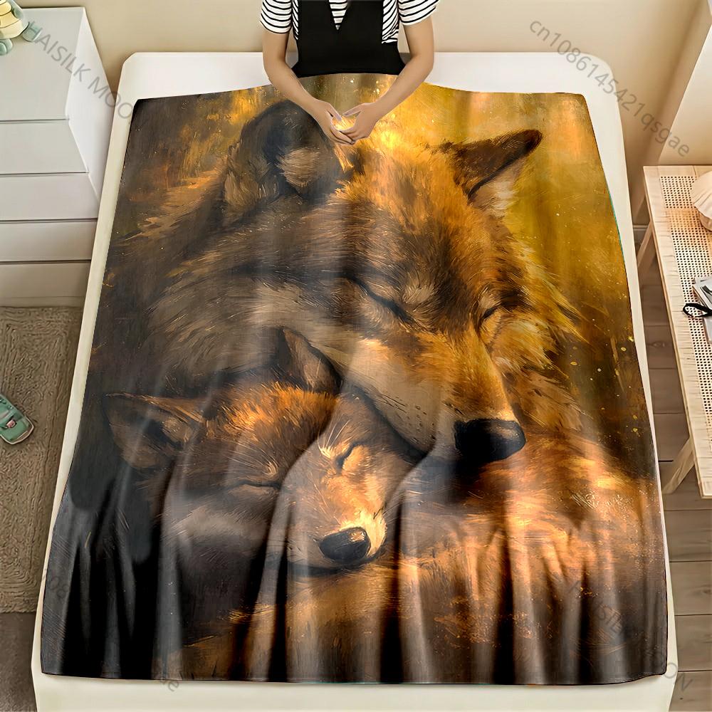 Mother wolf cuddles sleeping pup Print Adult Children Warm Blankets Home Travel Car Soft Comfortable Suitable for all seasons
