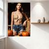 Sexy Woman Long Wavy Brown Hair Rustic Autumn Hay Bale Pumpkins Flowers Vintage Metal Tin Sign for Bar Pub Home Wall Decor