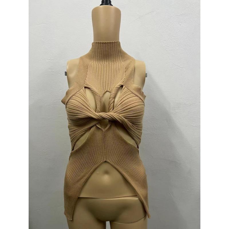 Ärmellose, ausgehöhlte Strickweste mit KnotenModisches Crop-Top mit halbhohem Kragen