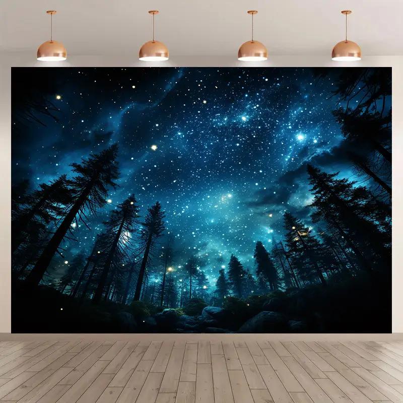 Galaxy Photo Backdrop  Starry Night Forest with Deep   Navy Night Sky Glowing Stars  Twinkling  Durable Wall Mural for Part 74x94cm(29x37in)
