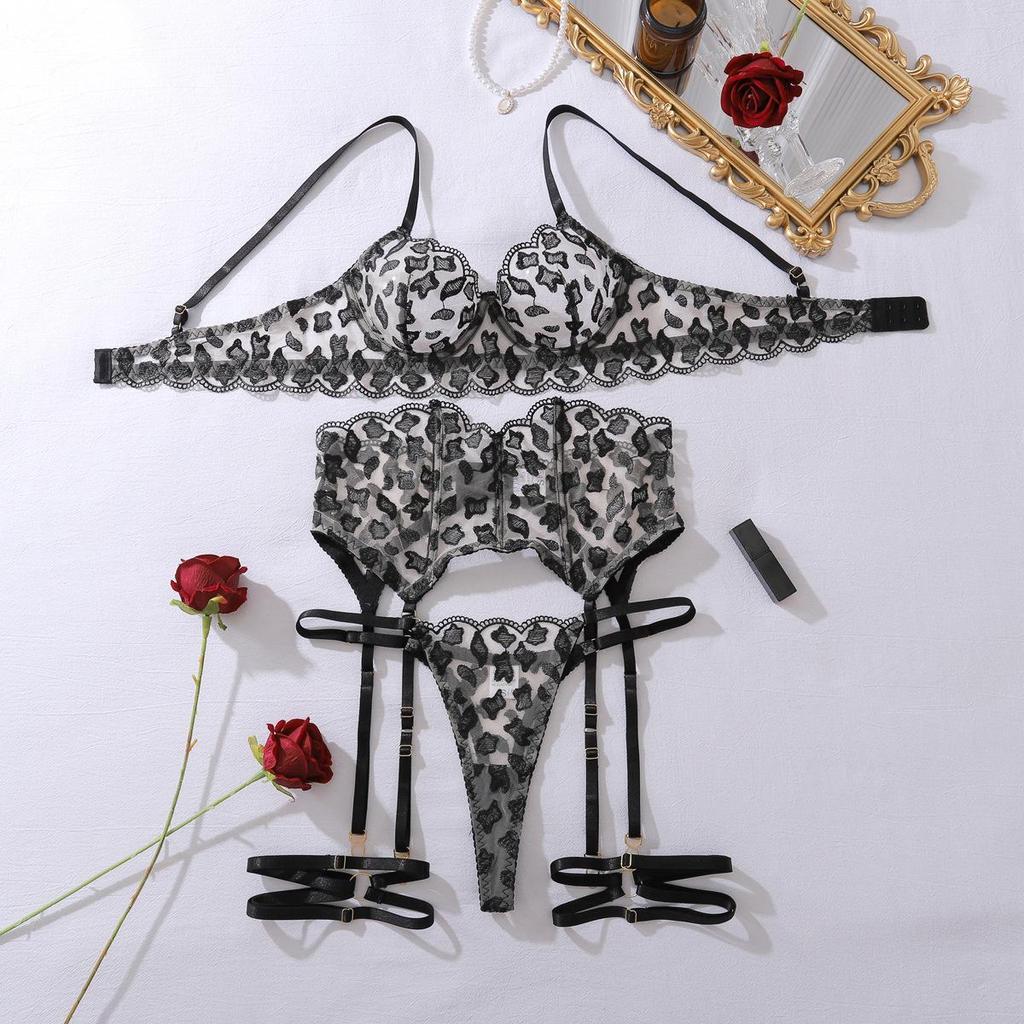 Women's Sexy Embroidery Bra Set Push-up Underwired Lingerie Set Sheer Thin Bra Set