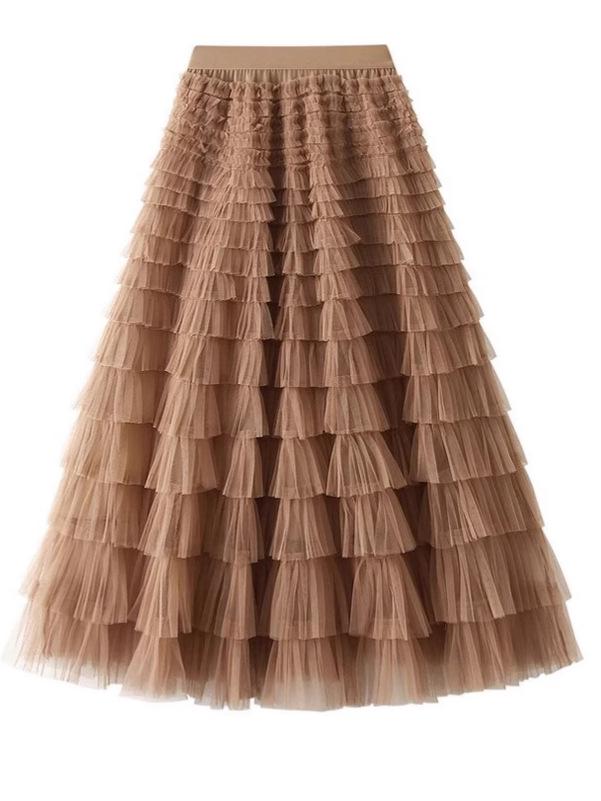 Women's High Waist Layered Tulle Midi Skirt – Autumn/Winter Pleated Puffy Mesh Skirt