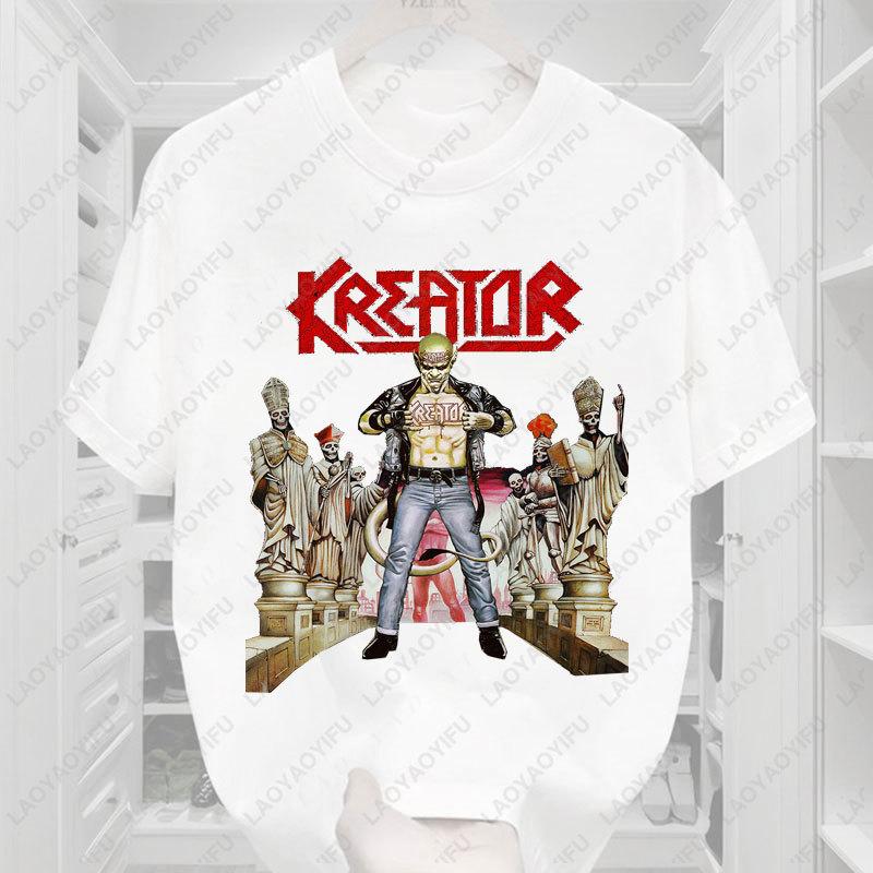 Kreator Tshirt 80s Thrash Metal Sodom Destruction Casual Loose Crewneck Retro Short Sleeve Polyester Unisexs Graphic Tshirts