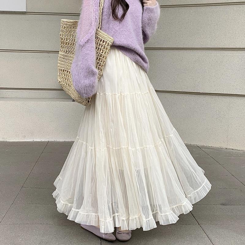 Spring Elegant Pleated Skirt for Women with Elastic Waist Slim Fit A-Line Long Design