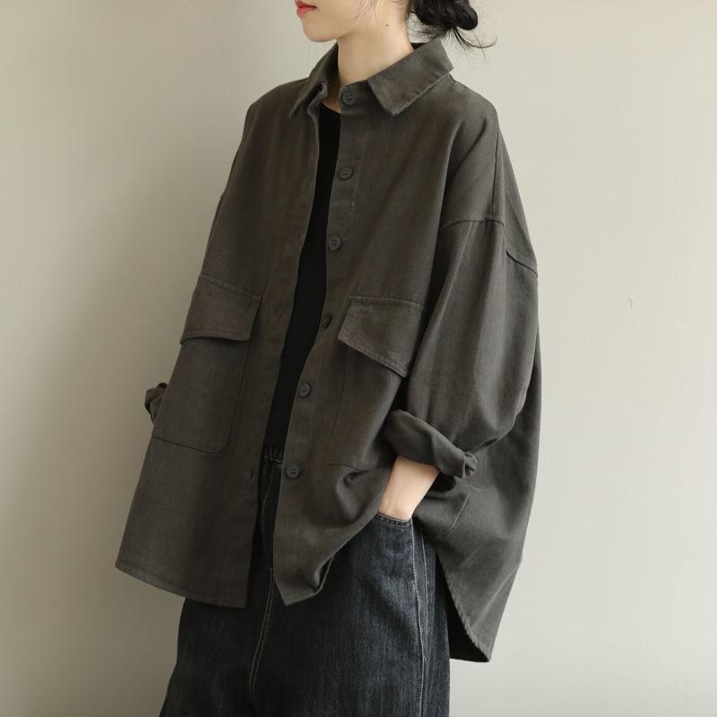 

2024 Ретро-искусство Свободная куртка с длинными рукавами - Однотонный лацкан, повседневный универсальный топ для женщин 2XL серый