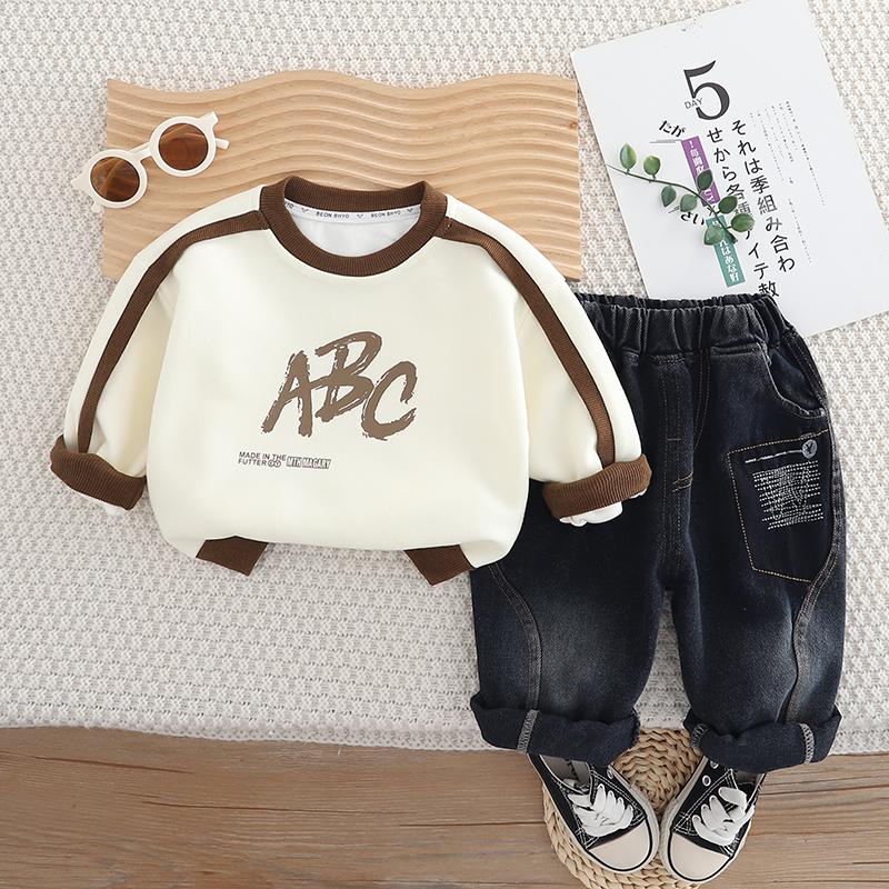 

Комплект из двух предметов с длинными рукавами для мальчиков от 0 до 5 лет, модный детский комплект с капюшоном и надписью, повседневные джинсовые брюки, удобная одежда для мальчиков и малышей L