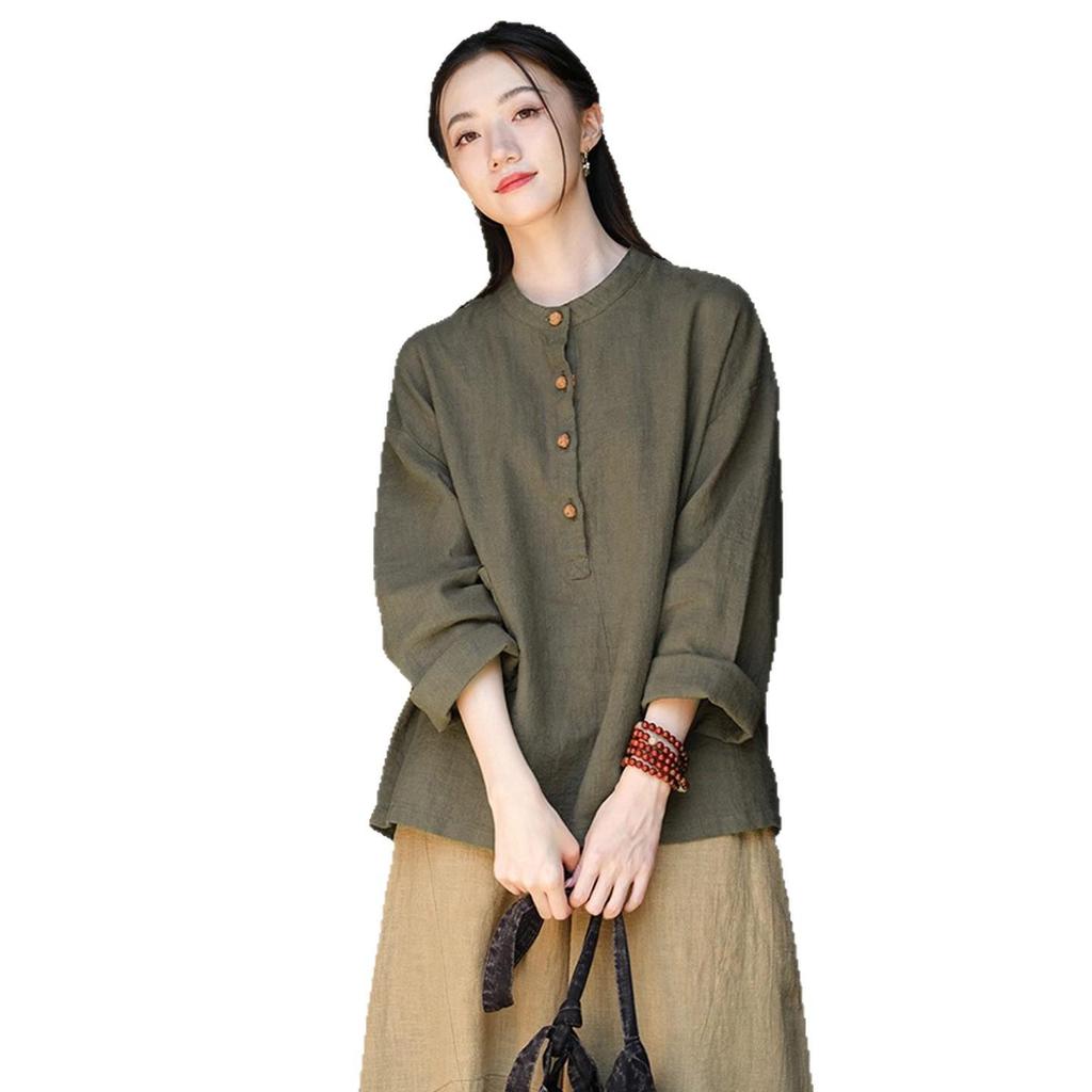 Women's Cotton Linen Zen Meditation Suit with Frog Button Shirt