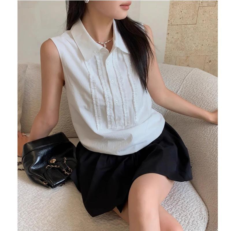 

Женская повседневная однотонная рубашка без рукавов с оборками и воротником на пуговицах S белый