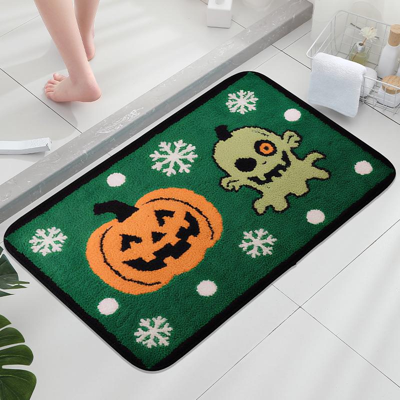 Monster Face Pumpkin Pattern Bathroom Floor Mat, Bathtub Absorbent Foot Mat, Shower Room Small Carpet, Bathroom Door Mat