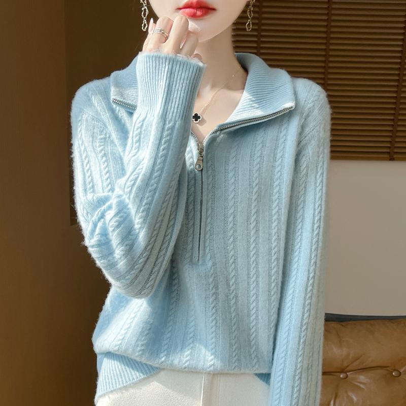 Women Sweater 100% Wool TIDENOVEL Turn-down Collar Knit Pullover Thick Winter Jumpers Female Knit Tops Zipper