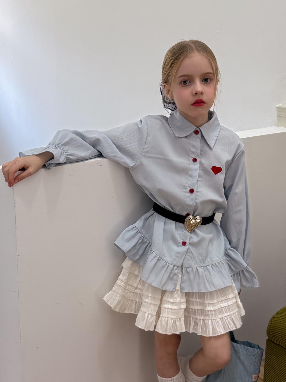 

Платье-рубашка с вышивкой сердечка и оборками в корейском стиле для девочек, весна 2025 90cm