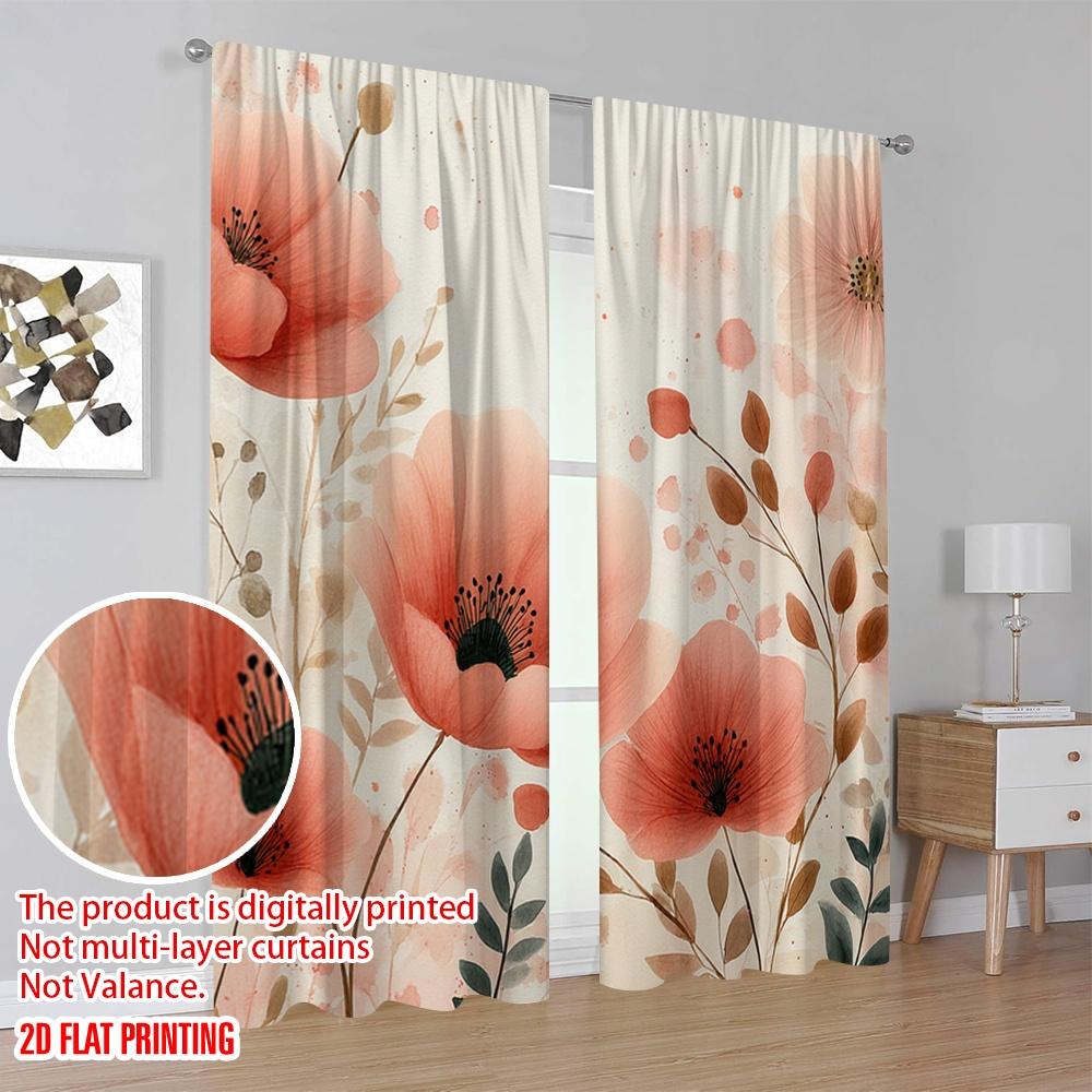 Flat Printing Party Window Curtains Coral Flowers Watercolor Floral Polyester Without Electricity Festive Wall Curtain Set Of 2 Made Washable