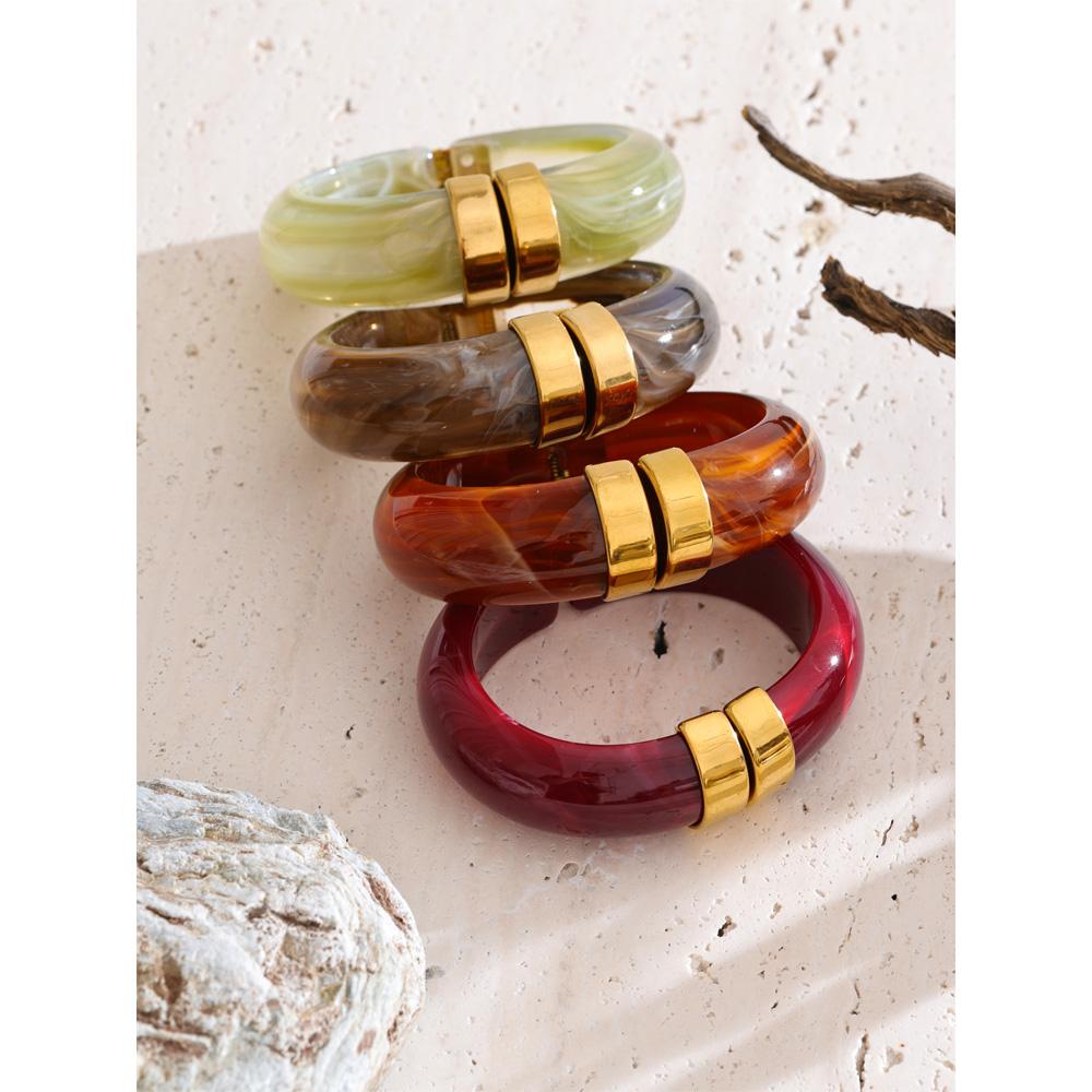 Yhpup 66mm Groen Roze Bruin Paars Acryl Dikke Armband Manchet voor Vrouwen Roestvrij Staal Nieuwkomers 2025 Polssieraad Cadeau