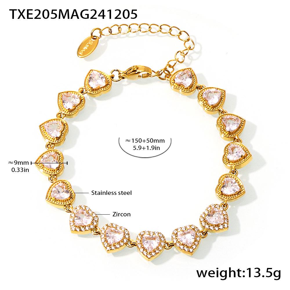 Qiong Yao Zirconia Heart Patchwork Stainless Steel Necklace & Bracelet Set for Women
