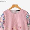 ZANZEA Women Casual Round Neck 3/4 Sleeve Floral Print Stripe Blouse