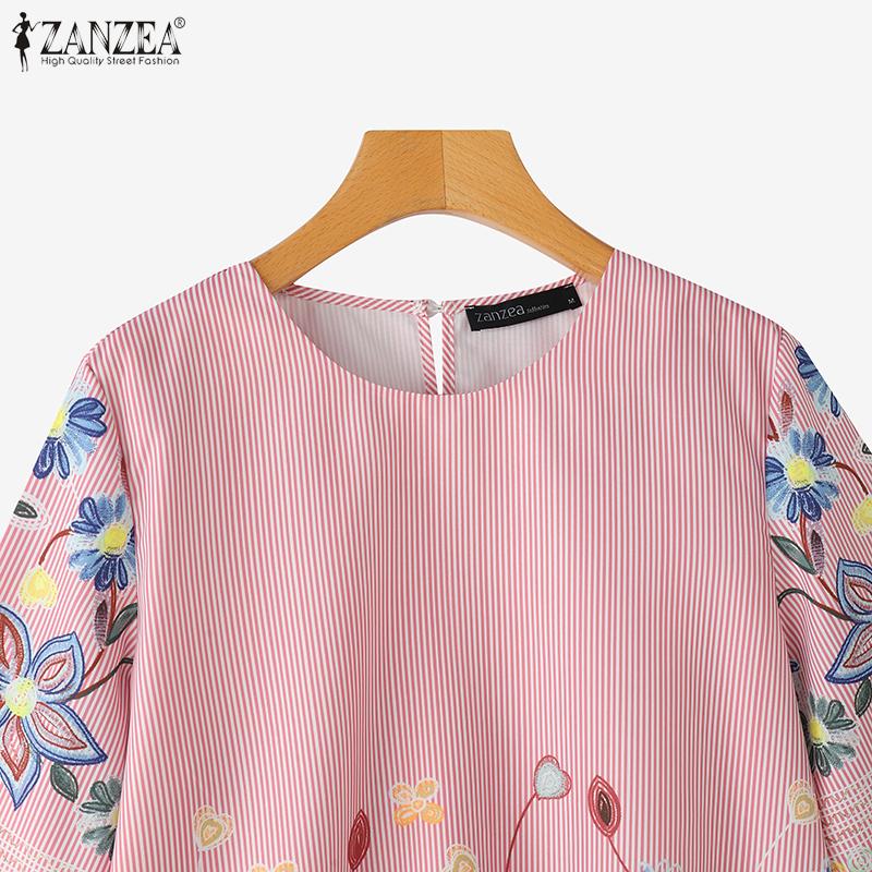 ZANZEA Women Casual Round Neck 3/4 Sleeve Floral Print Stripe Blouse