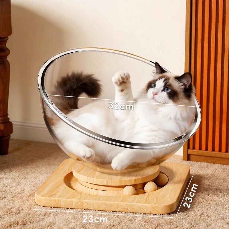 Katzen-Raumkapsel-Bett mit drehbarer Holzplattform Ganzjahres-Acrylhaus für Wohnungskatzen Kleine mittlere große Größen