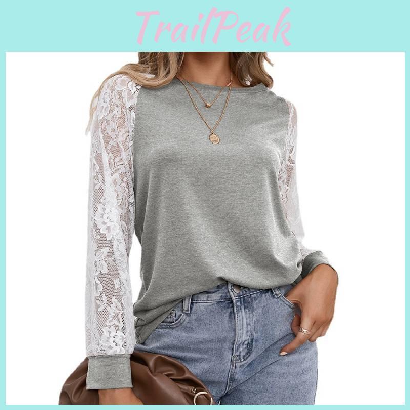 Trim Grey Lace Crew Neck Fitted Tshirt Blended Fabric Hoodie Women Sleeve Long