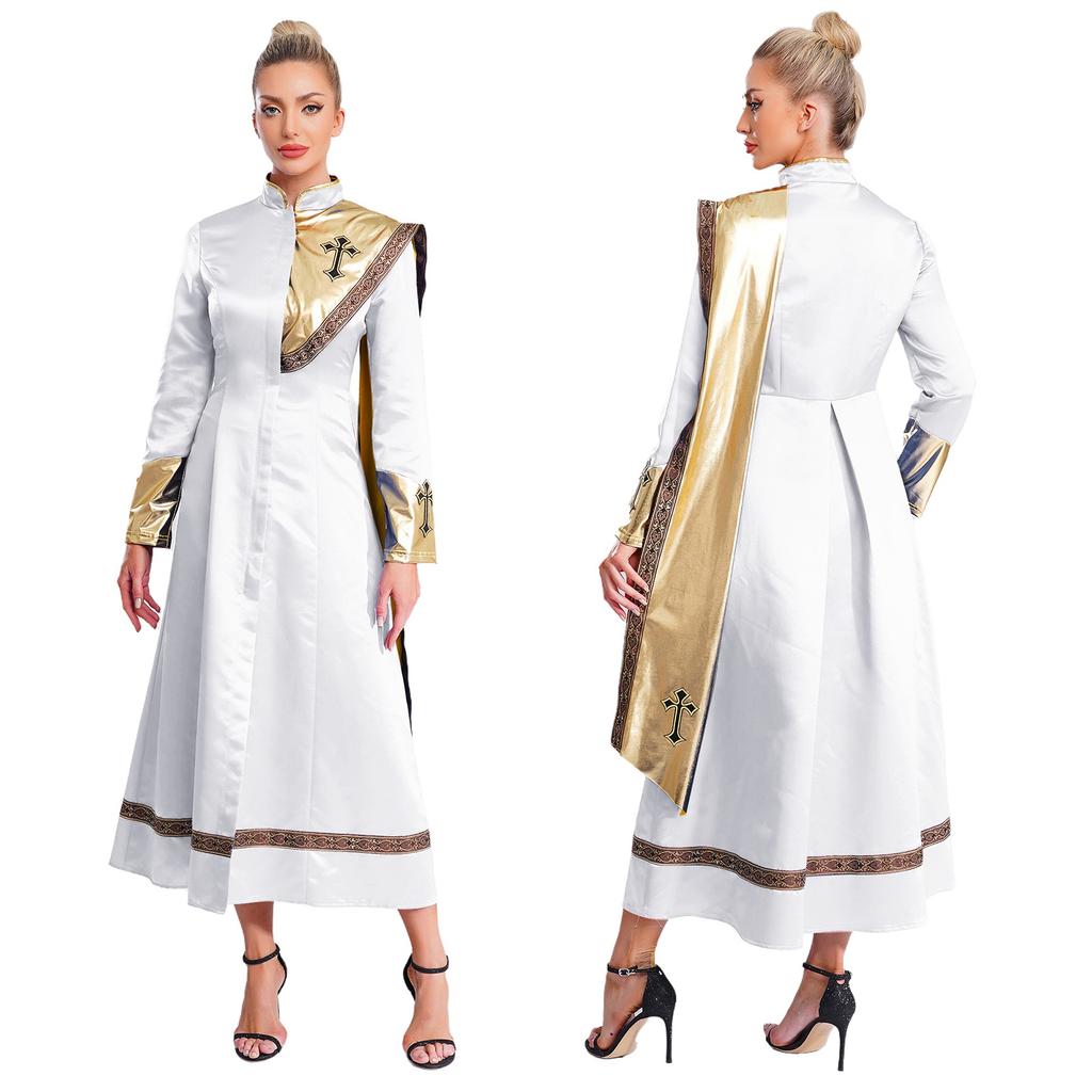 Metallisch Glänzendes Patchwork Ein-Schulter-Kasper mit Reißverschluss vorne für Damen Halloween Priester Kleriker Kostüm Kirchengewand
