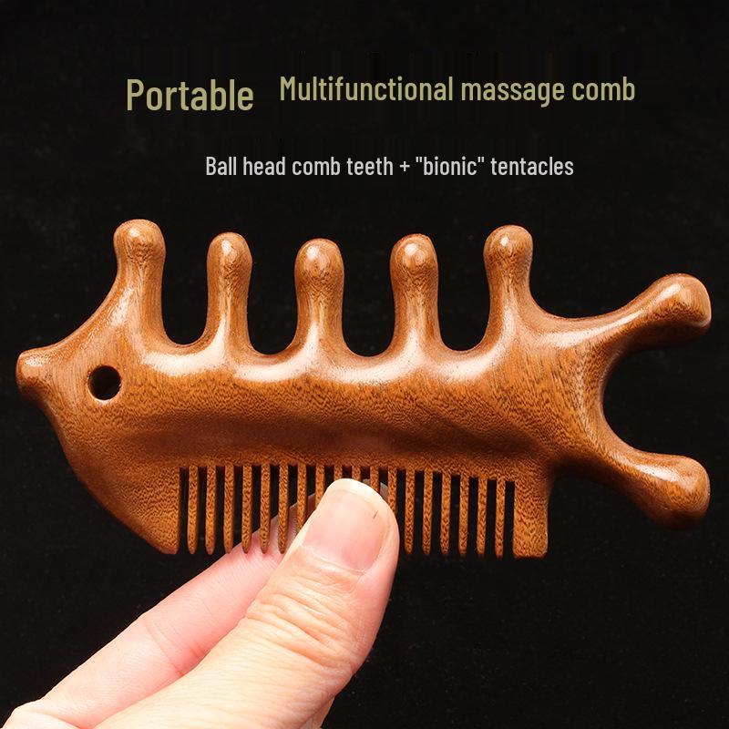 Small Fish Sandalwood Meridian Massage Comb for Women's Head Therapy – Five-Tooth, Anti-Static, Thickened Wood Design