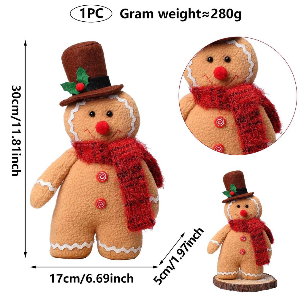 30cm Christmas Plush Gingerbread Character with Chef Hat Bow Christmas Decoration Doll Holiday Christmas Season Decoration