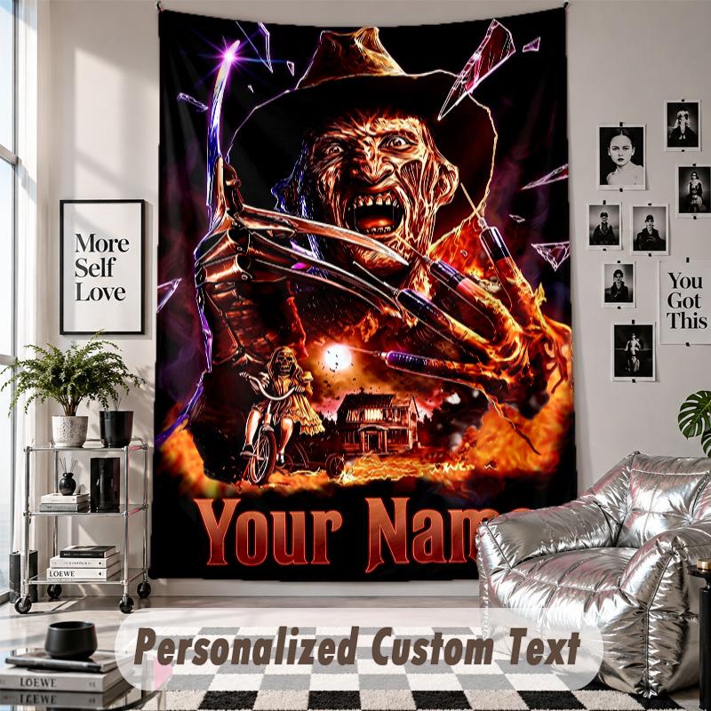 Custom Tapestry Wall Hanging, A Nightmare On Elm Street Freddy Krueger Personalized Name Text Home Wall Decor