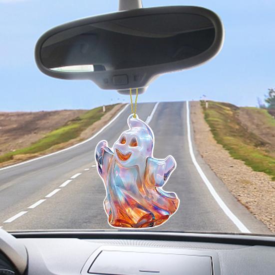 Funny Ghost Pendant 2D Acrylic Car Hanging Decor Ghost Design Backpack Charm Halloween Festive Party Decoration