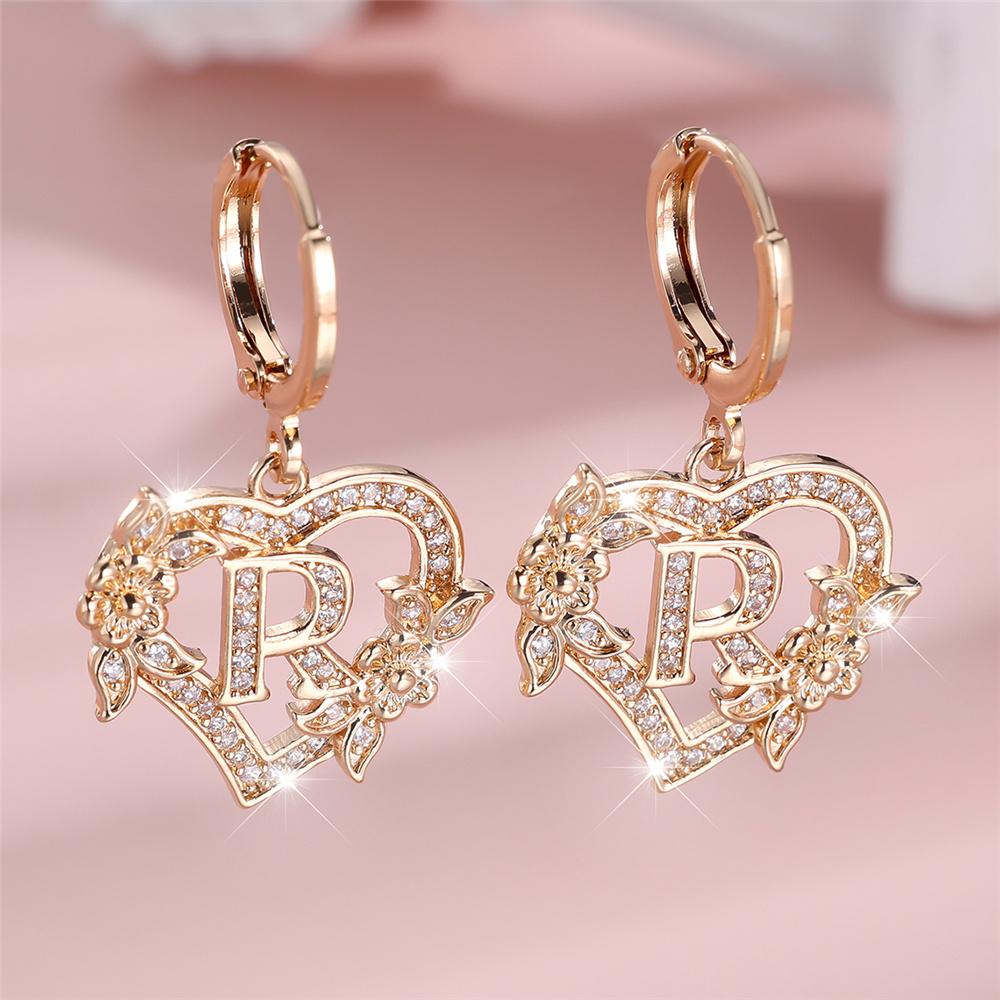 Vintage Hollow Love Heart Flower A-Z 26 Letters Hoop Earrings Yellow Gold Color White Zircon Earring Wedding Jewelry For Women