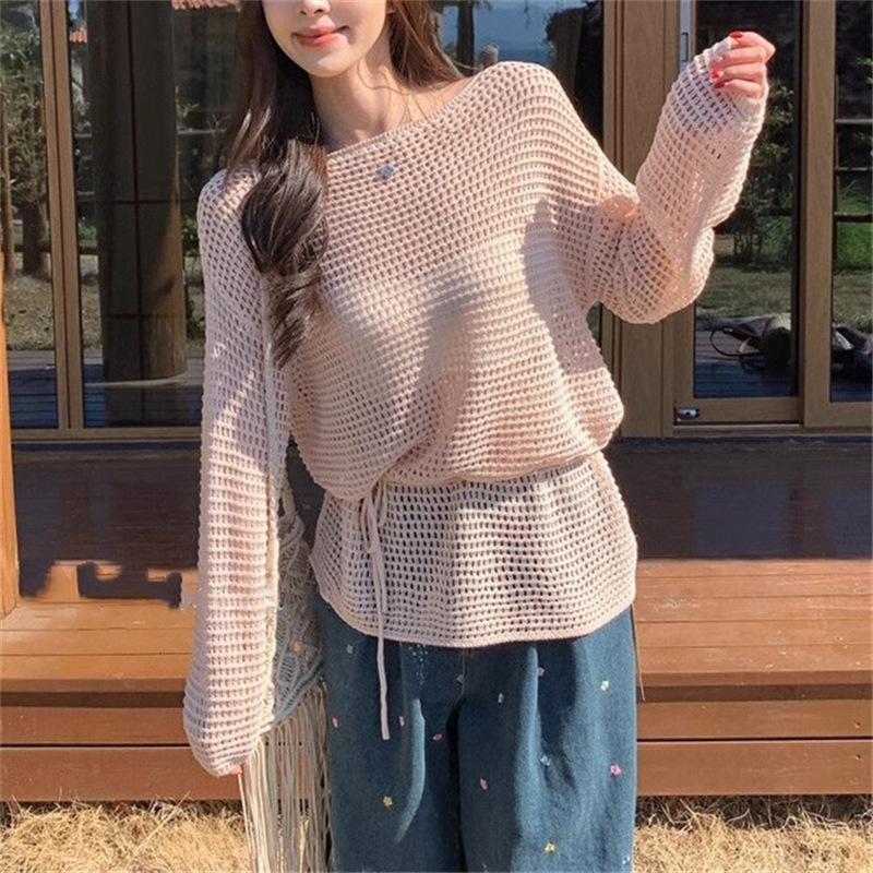 Sanftes Ein-Wort-Kragen lockeres hohles Design Taille zum Schnüren Bluse Damen lässig dünn Sonnenschutz Strickpullover Top