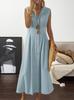 Women's long dress, suit collar, solid color button-down sleeveless swing dress
